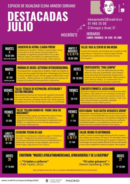 Cartel programación destacada espacio de igualdad elena Arnedo julio 2023 